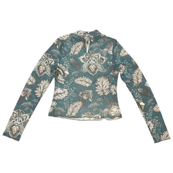 Blue B Mesh Top Size L Teal Long Sleeve Mock Neck Back Keyhole Button Closure - Picture 5 of 12